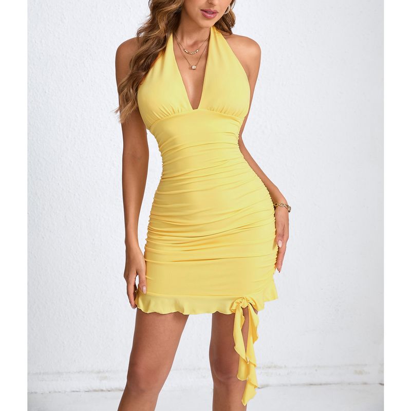 2025 New Women's Sexy Hanging Neck Pleated Hip Bag Ruffle Edge Dress_voghion.com