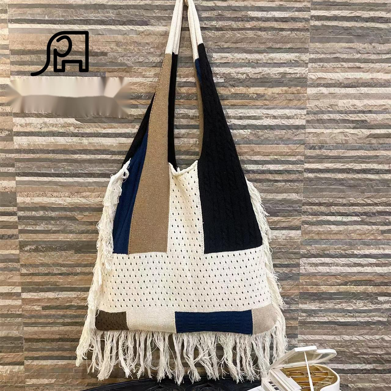 2024 New Tassel Women's Splicing Knitted Handheld Shoulder Bag Hot Selling Simple Retro Knitted Bag Versatile Big Bag_voghion.com