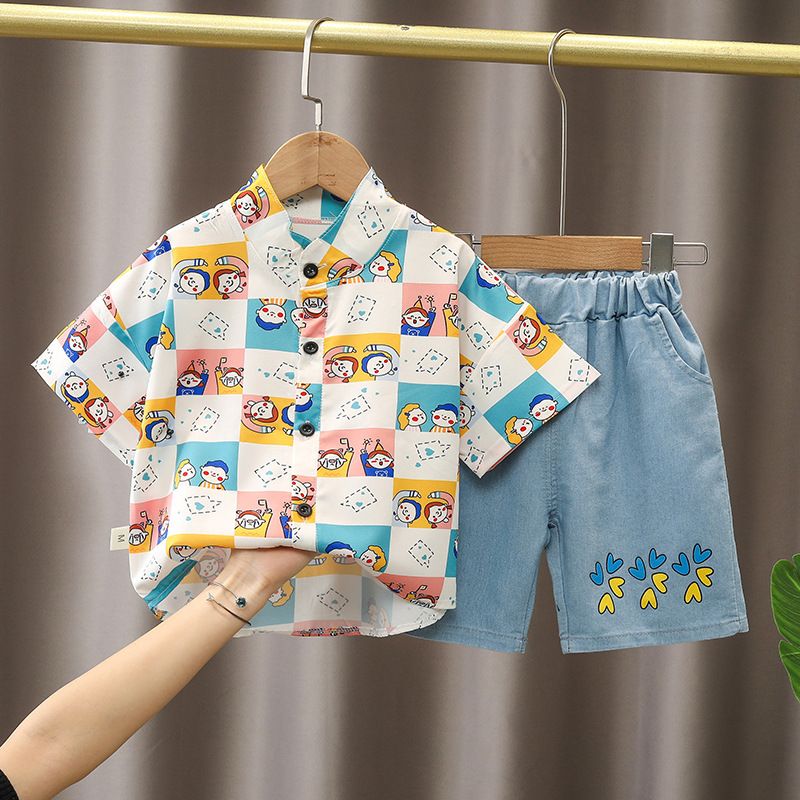 2024 Summer New Polo Neck Shirt Short sleeved Set, Boys' Casual Cowboy Shorts Two Piece Set_voghion.com