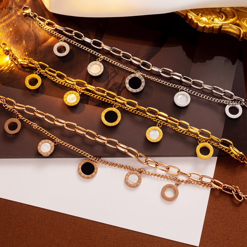 Designer round black and white shell Roman numerals bracelet with titanium steel plating double-layer hollow design fashionable _voghion.com