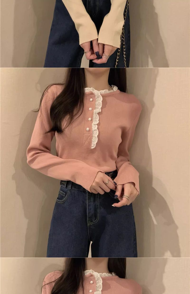 Dolce maglione in stile western con design unico, maglia a maniche lunghe con base in albicocca e pizzo con orecchie di legno, autunno e inverno_voghion.com