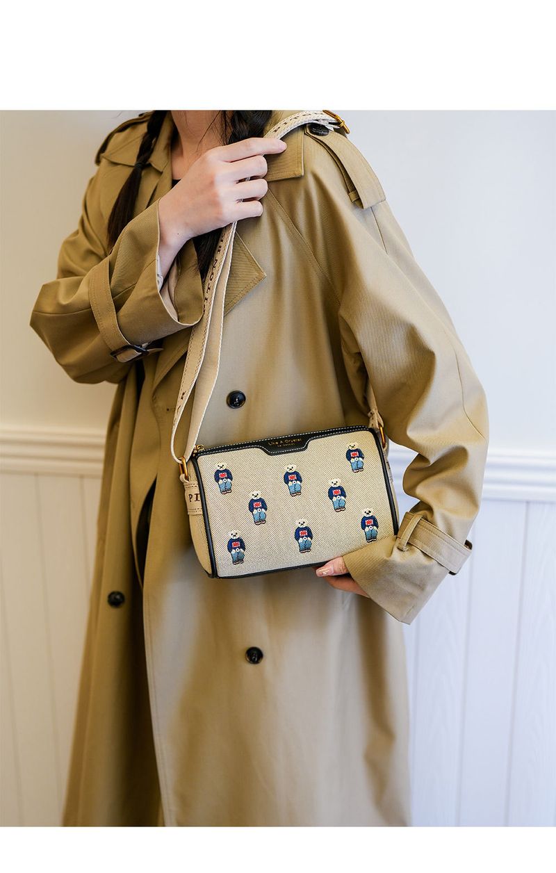 Women's Bags canvas contrast color embroidery wide shoulder strap bag _voghion.com