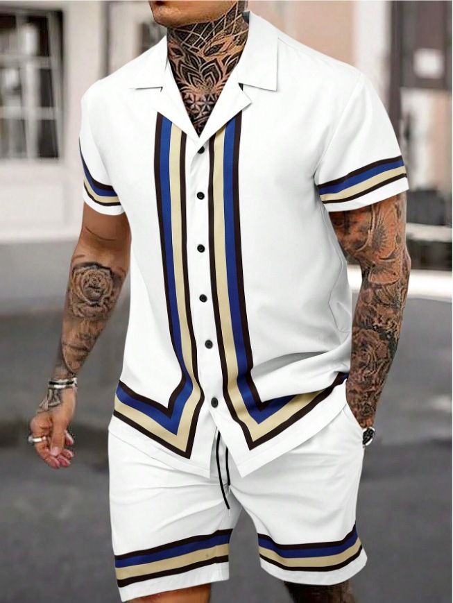 Conjunto de dos piezas de camisa de cuello cubano para hombre de calidad inmejorable, ideal para ir de compras y para el tiempo libre, con estampado de manga corta._voghion.com