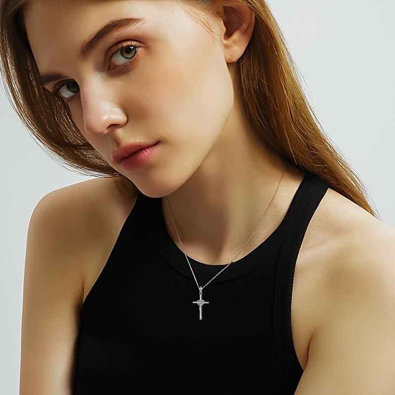 Collana con ciondolo a forma di croce a forma di cuore, in zircone, da donna, in acciaio inossidabile, con catena a scatola, in argento Sterling_voghion.com
