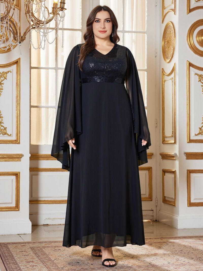 Elegante abito da sera taglie forti con scollo a V profondo e perline - Abito a trapezio con maniche lunghe per feste, balli di fine anno e occasioni speciali (nero, 0XL-4XL)_voghion.com