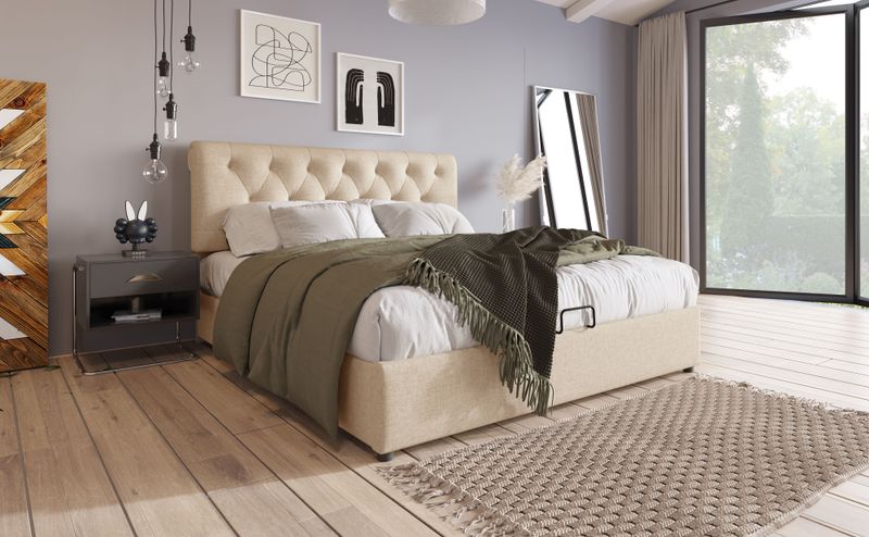 Cadre de lit king size rembourré hydraulique réglable 160 x 200 cm avec lattes métalliques, lit coffre moderne avec tête de lit réglable, design naturel, matelas non inclus_voghion.com