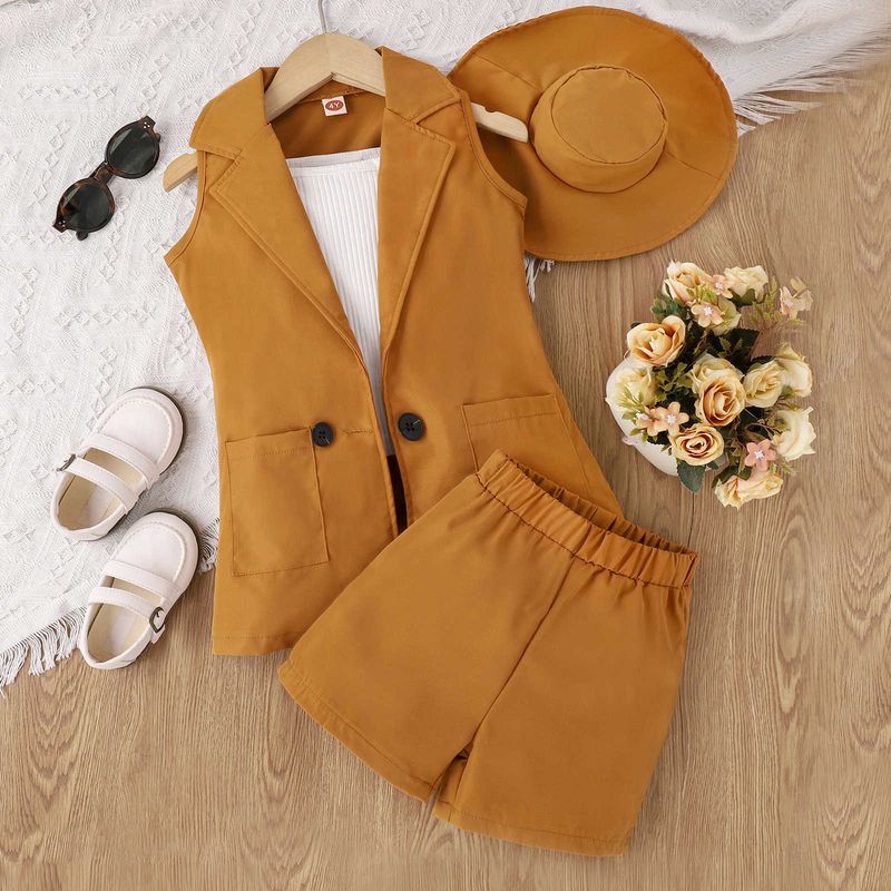 Trendy Spring/Summer Small and Medium School Girl with Sling+Solid Color Sleeveless Suit+Shorts+Hat Set of Four_voghion.com