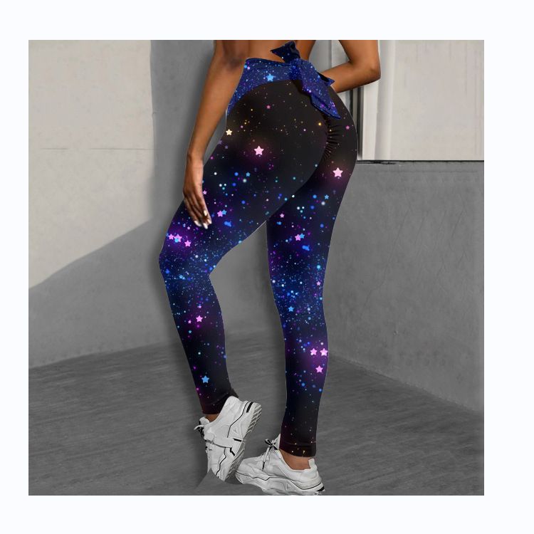 Pantaloni da yoga da yoga da donna con stampa multicolore antirughe sull'anca, dimagranti a vita alta, con fiocco elasticizzato_voghion.com