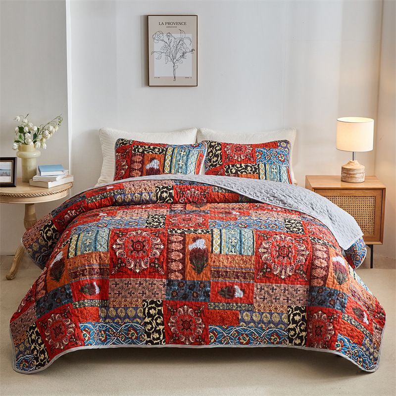 Zestaw narzut na łóżko w kwiaty w stylu boho – 3-częściowa, dwustronna poszewka na kołdrę (certyfikat OEKO-TEX®, nadruk cyfrowy) do sypialni w stylu boho i nowoczesnym stylu rustykalnym_voghion.com