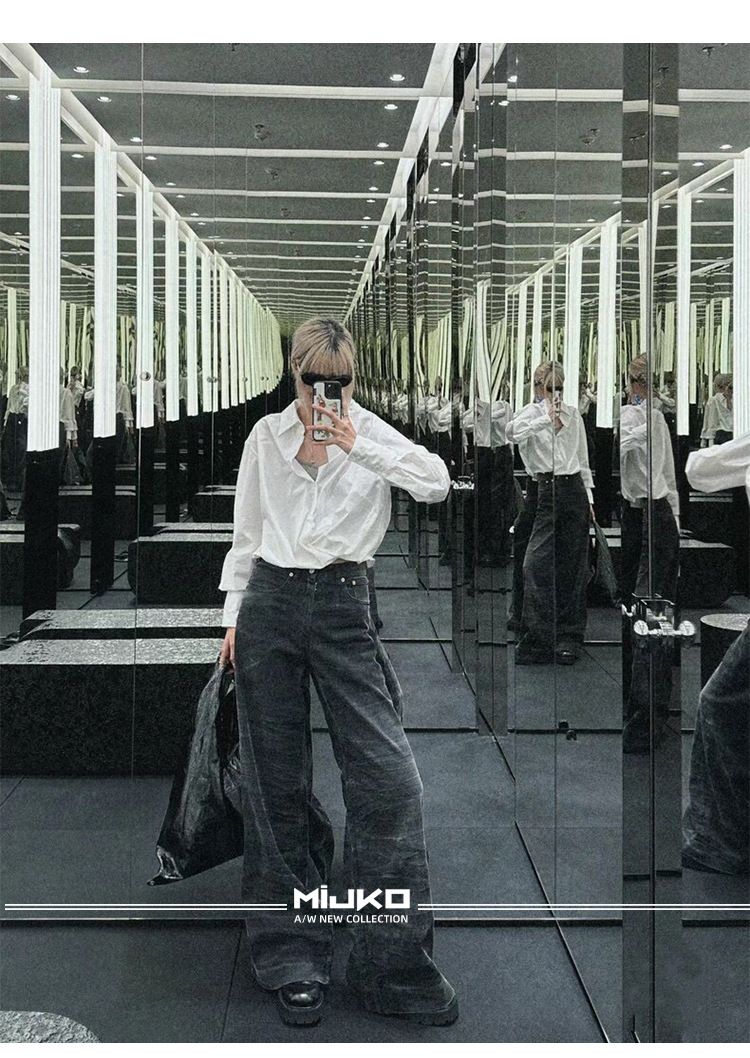 men's and women's washed distressed trousers, the same style for men and women, high street texture couple water rippled bootcut jeans_voghion.com