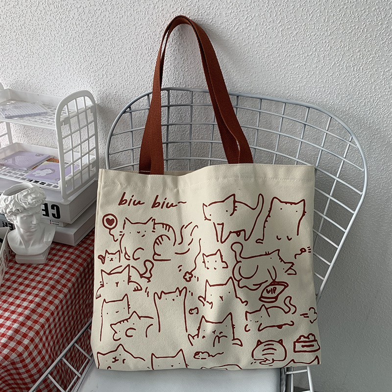 2024 Design Niedliche Tier Handgezeichnete Illustration Einzelne Schulter Büchertasche Kunst Große Kapazität Leinwand Tasche Weiblich_voghion.com