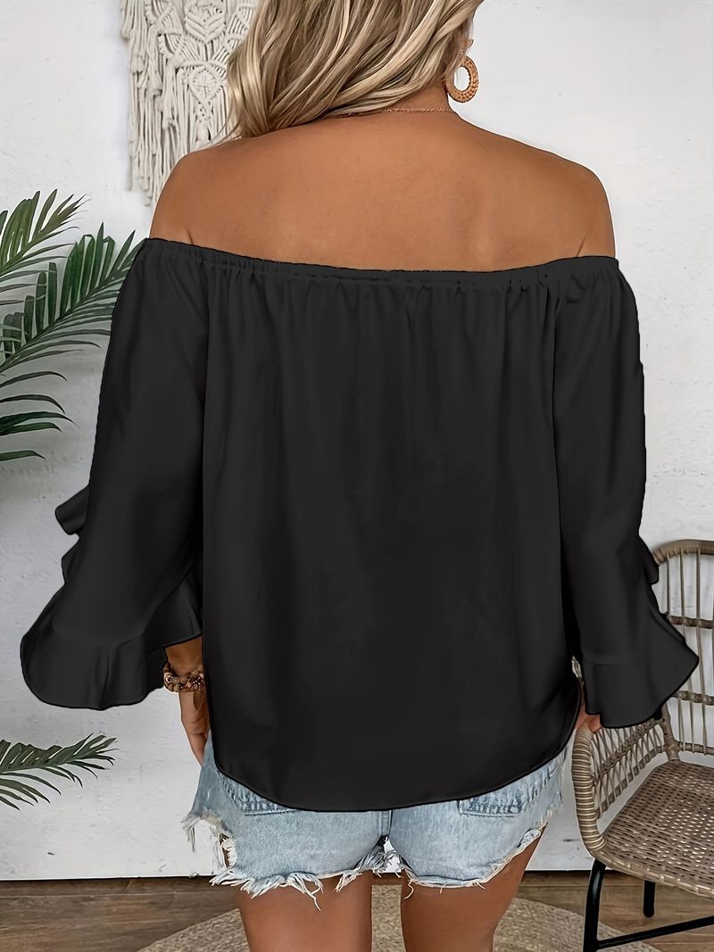 Damen-Bluse mit schulterfreien Glockenärmeln und Fliege – lässiges Oberteil mit lockerer Passform – atmungsaktives Polyester, Sommermode (Weiß/Schwarz)_voghion.com