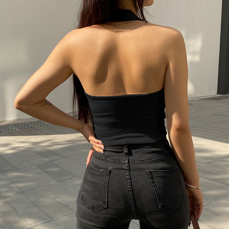 Women's Clothing Girl Halter Neck Backless Small Sling Female Slim Short Navel Exposed Solid Color Thread Versatile Short Top Trendy Summer_voghion.com