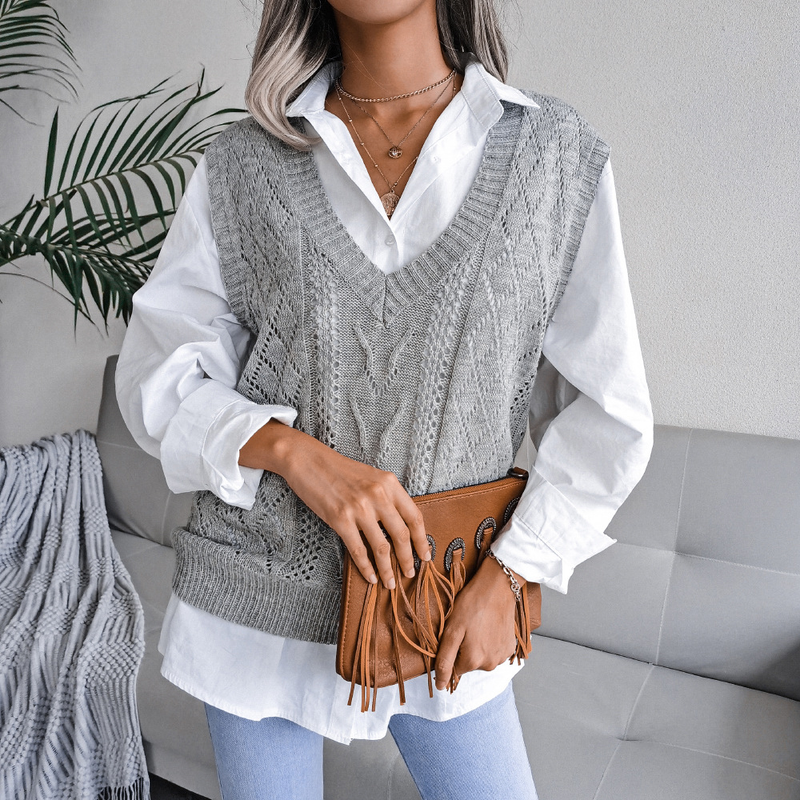 Pull tricoté à col en v pour femme, vêtement style Ins, ajouré et torsadé, collection automne et hiver 2023_voghion.com