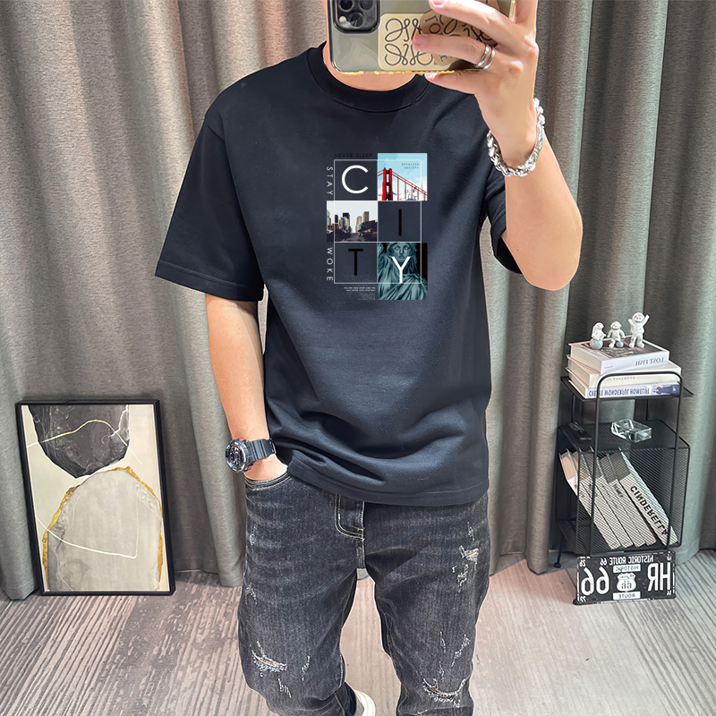 Girocollo corto ampio in puro cotone, T-shirt casual alla moda, etichetta moda uomo stampata a maniche corte_voghion.com