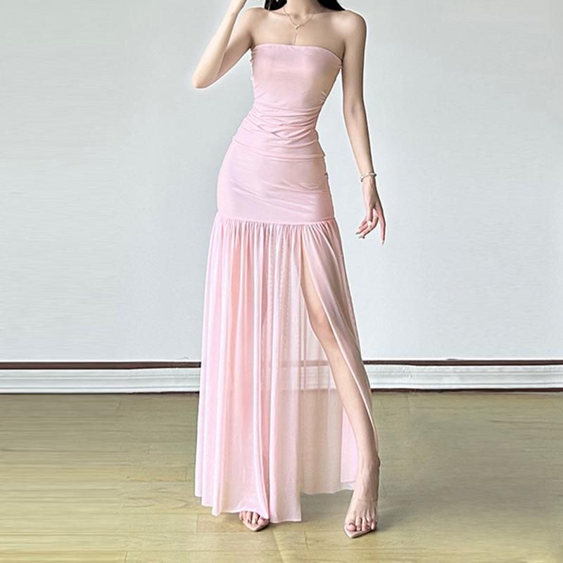 Pure Desire, sexy trägerloses Kleid mit einer Schulter aus Netzstoff, feminines Temperament, hohe Taille, schmale Passform, Schlitz, hüftbetont lang_voghion.com