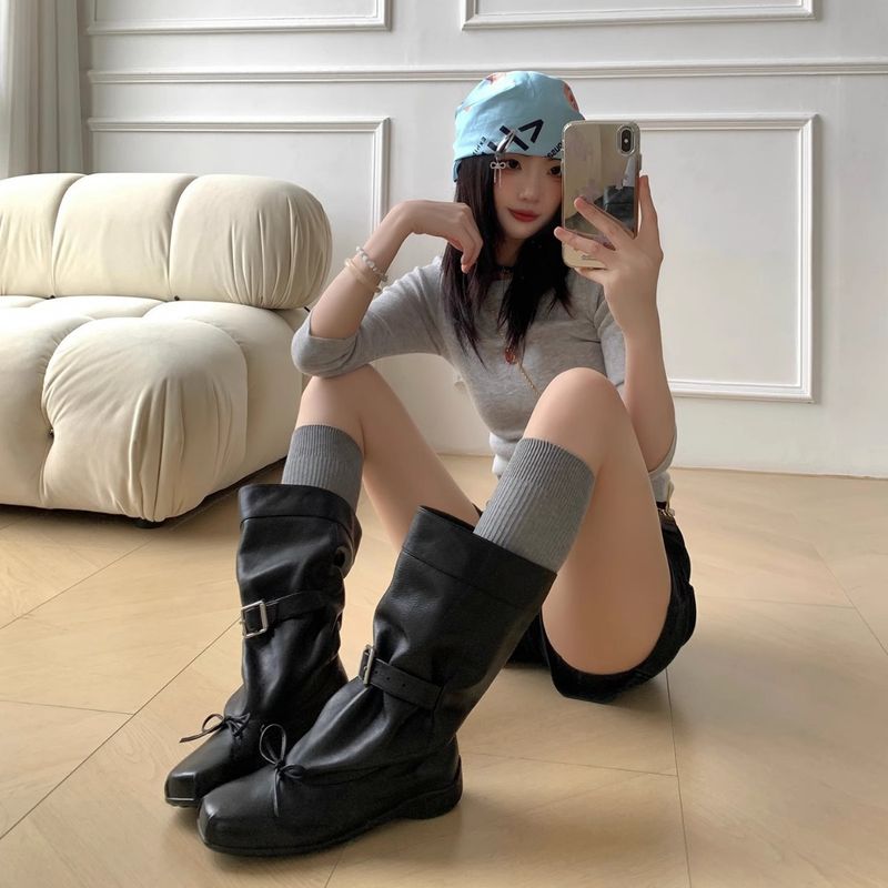 Rindsleder-Version ~ 5 cm versteckter Absatz, Design-Sinn, Ballett-Schleife, Wadenmitte, für Damen mit Gürtelschnalle, quadratische Zehenpartie, eleganter Slouch_voghion.com