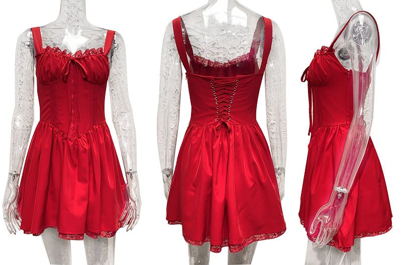 Vêtements pour femmes printemps et été sexy dentelle patchwork taille bretelles petite jupe femme_voghion.com