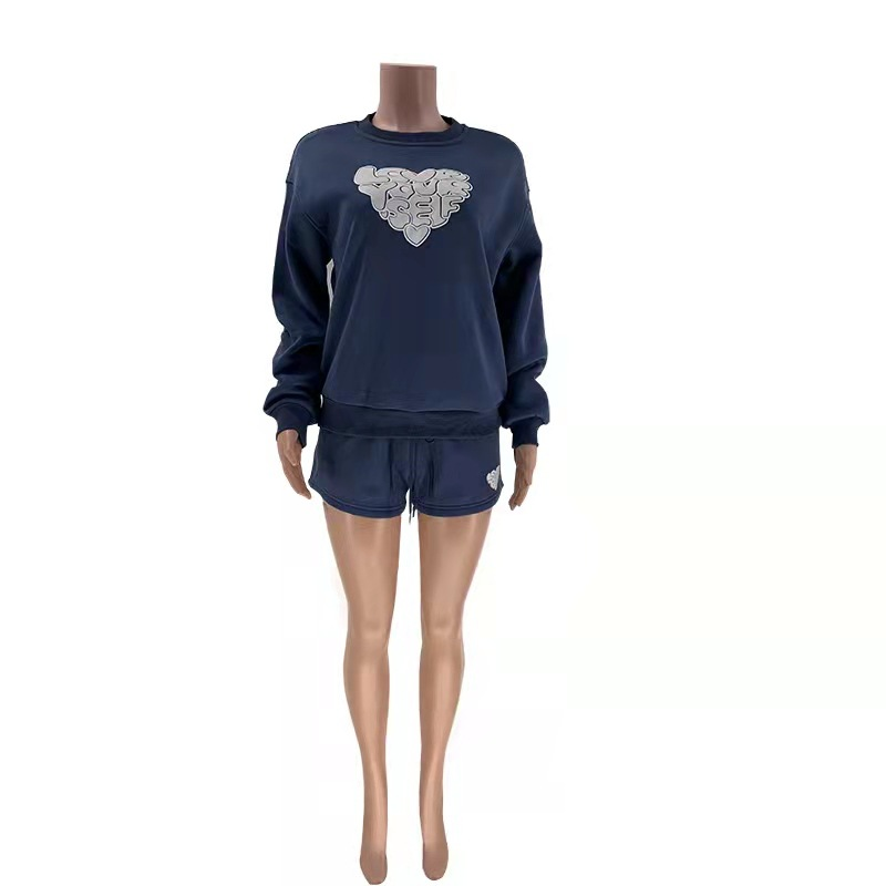 Women's fashion casual printed shorts two-piece set plus fleece long-sleeved hoodie set_voghion.com