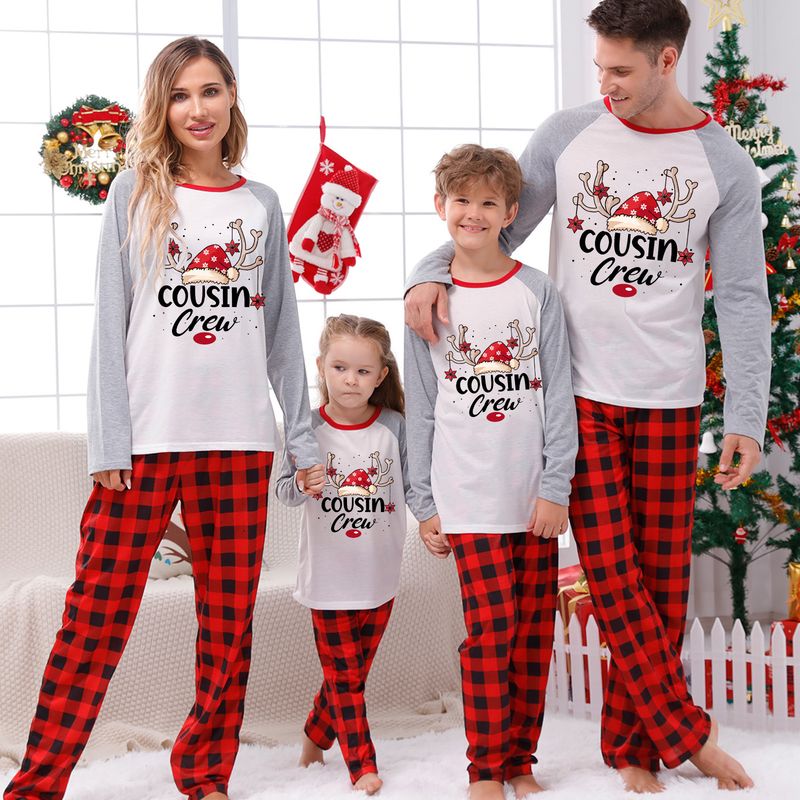Traje familiar de Navidad, ropa familiar para el hogar, ropa navideña para el hogar, conjunto familiar, ropa para el hogar con estampado de retales a cuadros_voghion.com