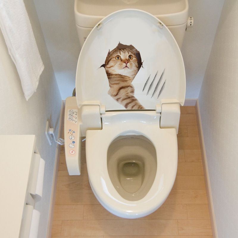 Cartoon kattentoilet sticker, schattige dierenuitdrukkingen, badkamer, keuken, glazen deur, koelkast, gratis stickers_voghion.com