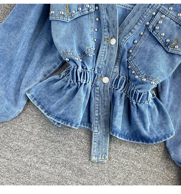 Jeansjacke Damen Loose Bf Fashion Vielseitiges Perlen-Oberteil mit V-Ausschnitt und kurzer Taille_voghion.com