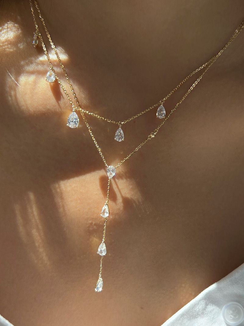 2024 Halsband med glänsande zirkondroppöverlägg och dubbelt lager guldfärgad kedja för festdamer, utsökta smycken_voghion.com