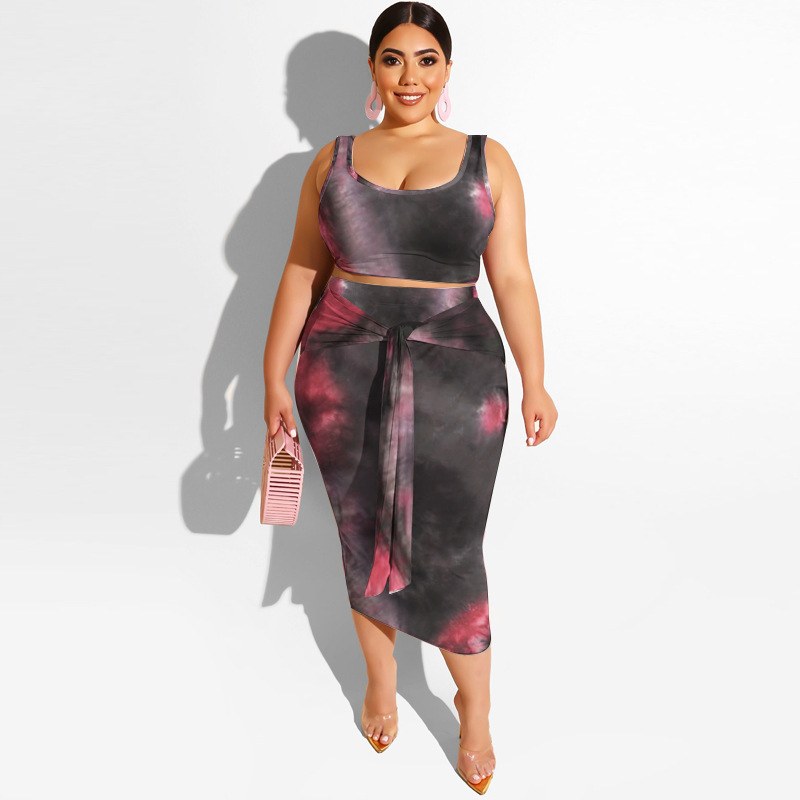 20778 Zomer nieuwe tie-dye print strakke wrap hippe mode casual set dames plus size tweedelige set_voghion.com