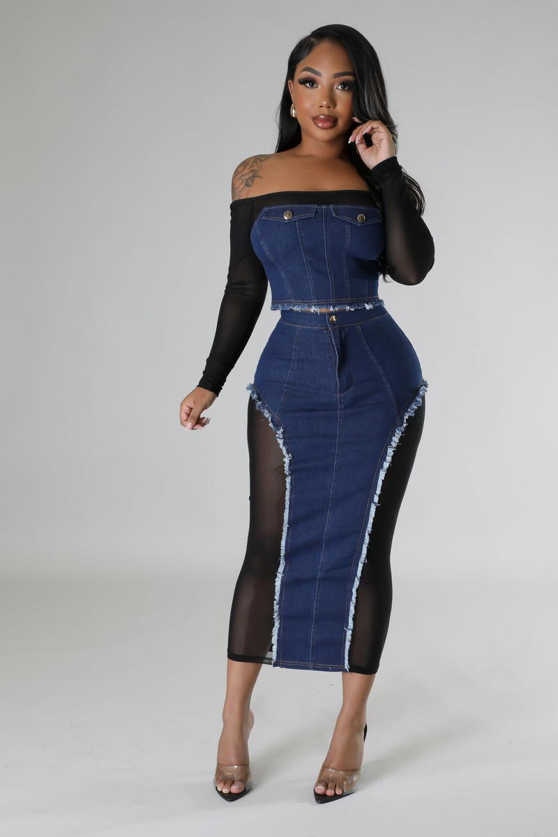 Conjunto de dos piezas de falda de pecho transparente con costura vaquera de gasa a la moda para mujer_voghion.com