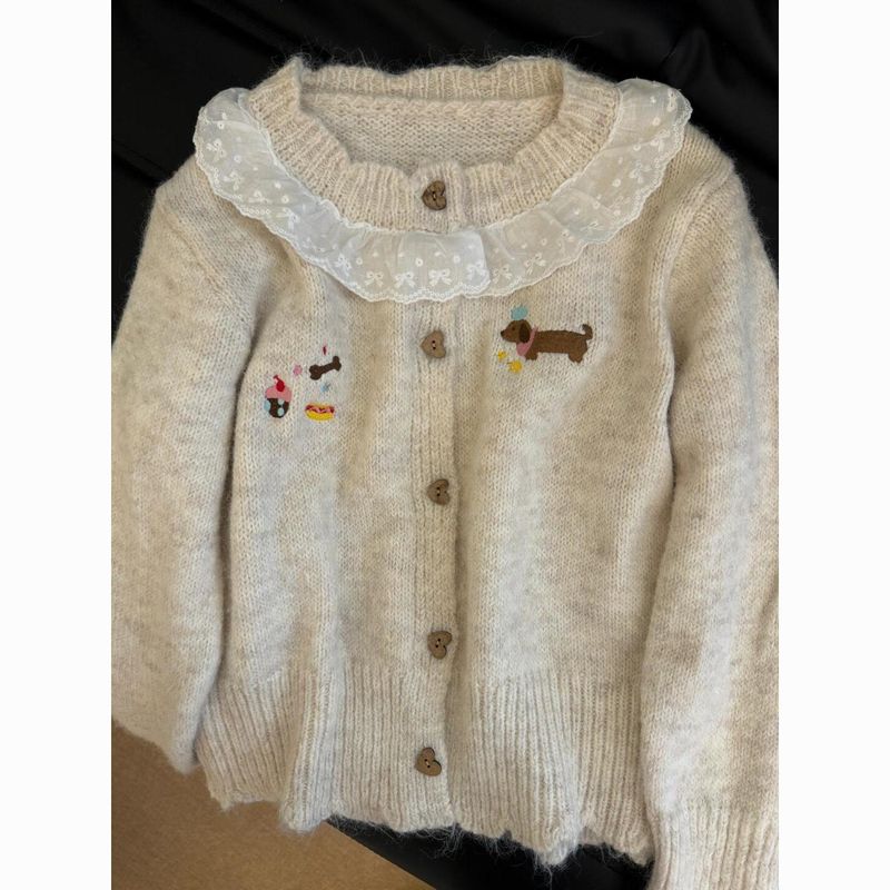 Chaqueta tipo cárdigan de encaje empalmado, bordado de perro de otoño para mujer, suéter de punto suave y dulce, versátil._voghion.com