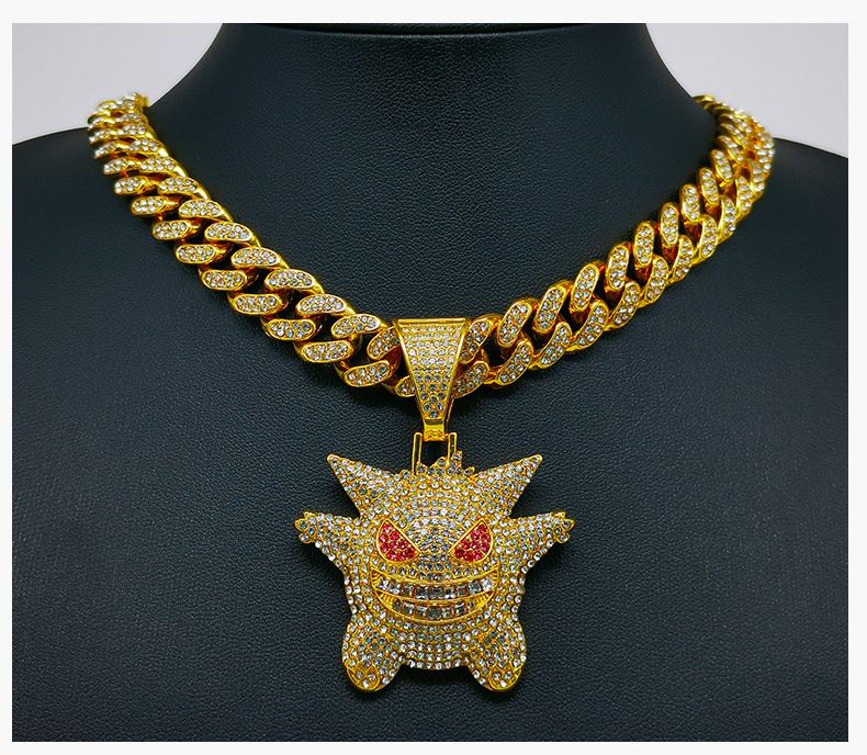 European and American cross-border trend pendant Gengar cartoon style gold sier metal Cuban chain_voghion.com
