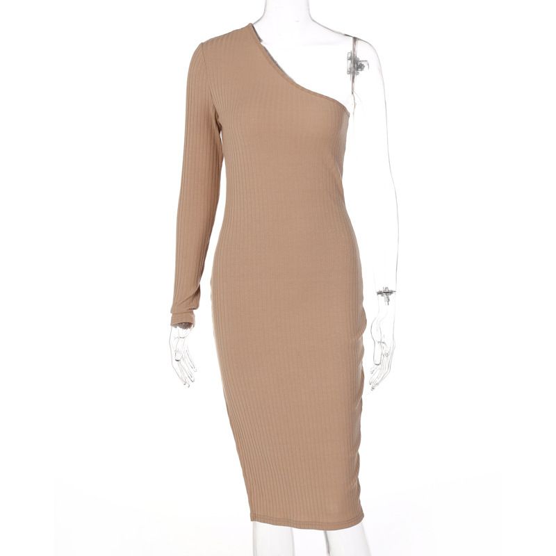 Rochie elegantă pentru femei, tricotată, cu crăpături înclinate pe umeri, de culoare uni, la modă_voghion.com