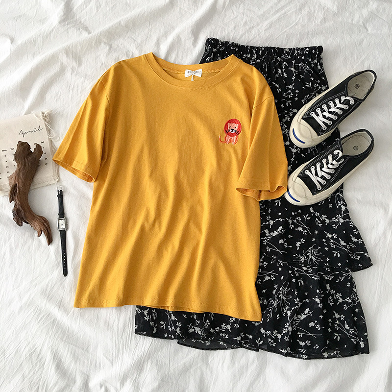 Nuova maglietta sudcoreana a maniche corte da studente con ricamo a forma di animale della Corea del Sud, girocollo, abiti estivi, vestibilità ampia, per donna_voghion.com