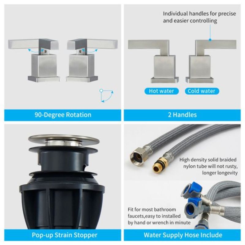 Moderno rubinetto per lavabo a cascata con 2 maniglie, finitura spazzolata, diffuso, nichelato, per bagno, con 3 rubinetti._voghion.com