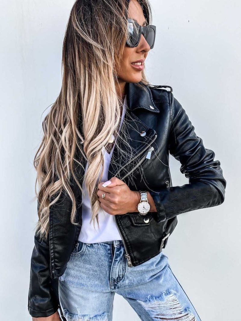 Women's New 2023 Autumn Winter Jacket PU Leather Coat Motorcycle Short Zipper_voghion.com