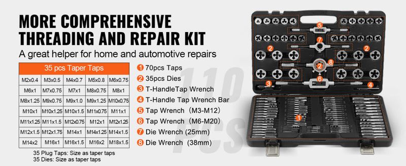 VEVOR Tap and Die Set, 110-Piece Include Metric Size M2 to M18, Bearing Steel Taps and Dies, Essential Threading Tool for Cutting External Internal Th_voghion.com