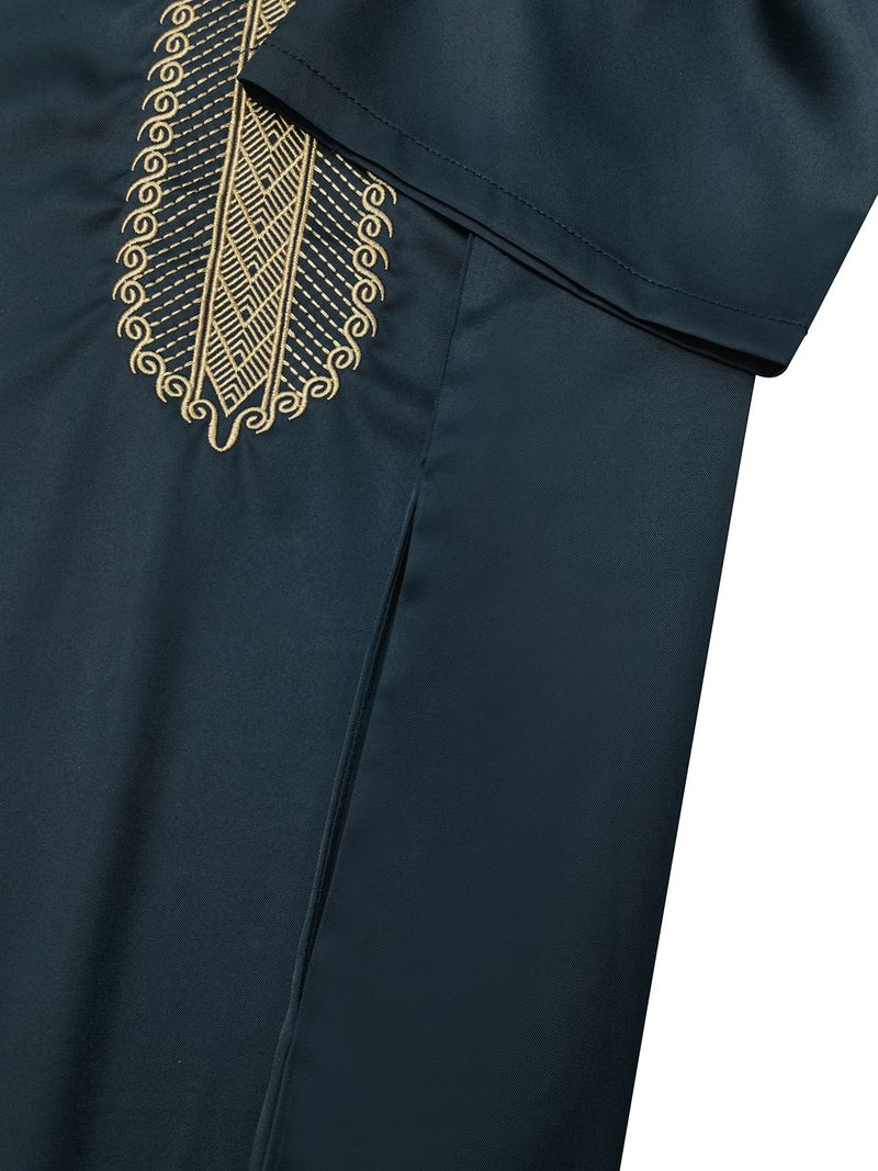 Ropa para hombre, nueva túnica musulmana retro de Oriente Medio con bordado de manga media, estilo étnico, marroquí, con bolsillos laterales_voghion.com