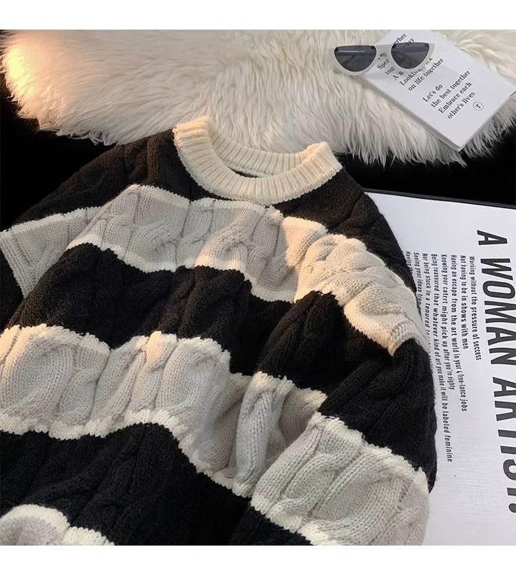 Gestreepte gebreide herentrui – dikke trui met ronde hals van katoenmix (bruin/blauw/zwart, M-XXXL)_voghion.com