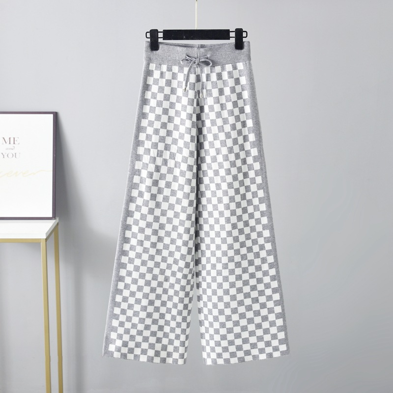 autumn and winter new lace-up knitted pants plaid pants casual all-match wide-leg pants drape trousers women_voghion.com