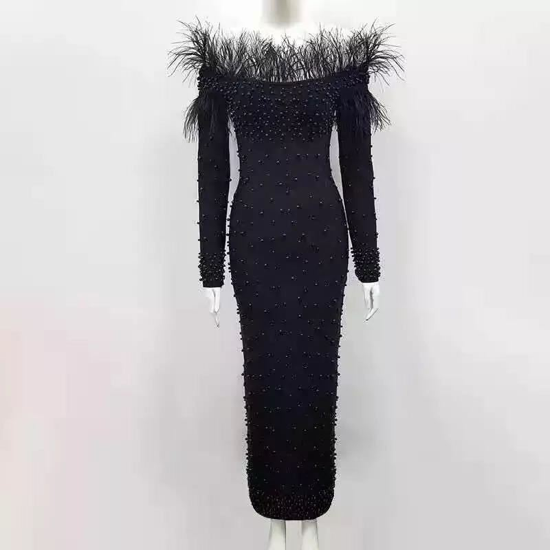 Einteiliges Kleid für Damen, elegantes, einteiliges Kleid mit Blasenperlen und Federperlen_voghion.com