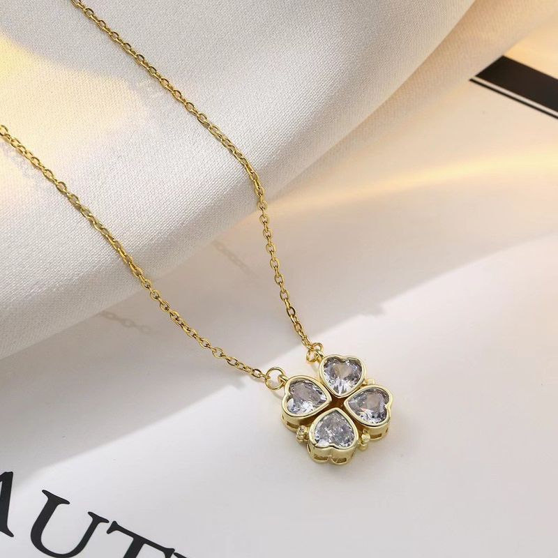 Colar elegante ajustável de trevo de quatro folhas com pingente de coração - Corrente em camadas de aço inoxidável, detalhes em zircônia cúbica, presente moderno para mulheres_voghion.com