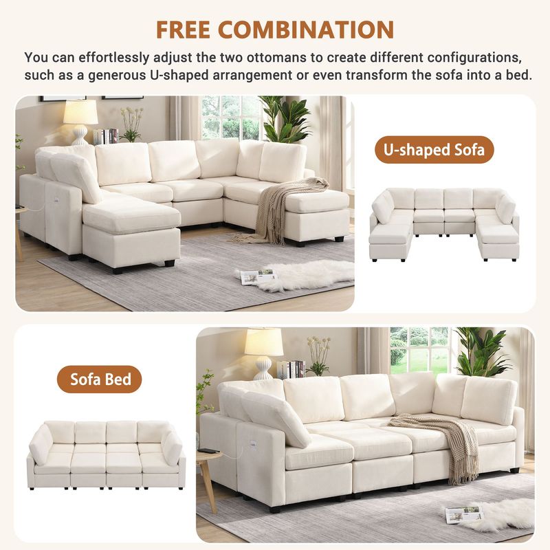 103" Sectional Sofa Couch Sofa Bed U-shaped Sofa With Two Movable Ottoman And Three USB Ports For Living Room_voghion.com