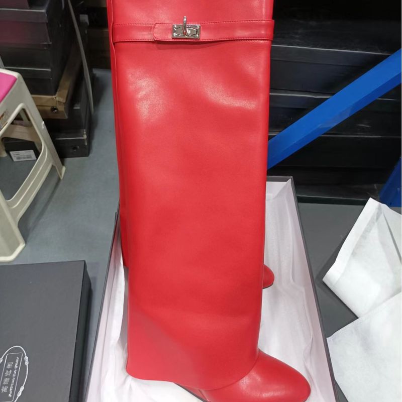 2024 New Round Toe Wide Shaft Straight Shark Buckle Mid-Calf Wedge Heel Boots For Women_voghion.com