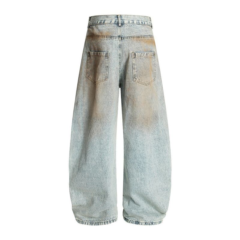 Post-apocalyptic Distressed Ink-splattered Dirty Denim Scimitar Men's Street Punk Loose Fit Wide-leg Long Floor-length_voghion.com