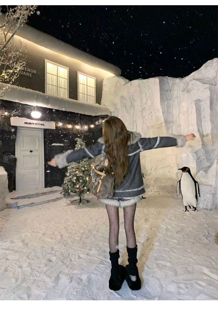 Grau Kran Silber Schnee Winter Neue frauen Anzug Elegante Pelzigen Patchwork High-end-Mantel Vielseitig Mode Shorts_voghion.com