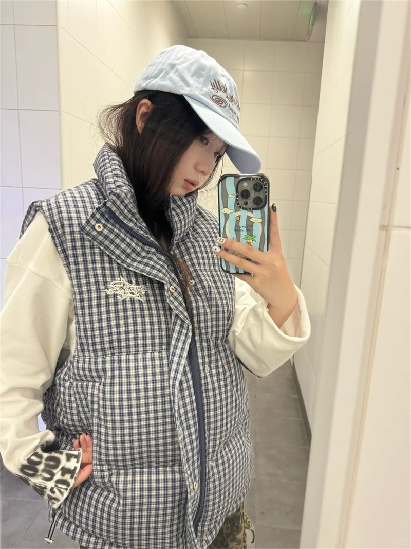 Men's & Women's Quilted Puffer Vest With Embroidery - Retro Plaid Design, Stand Collar, Lightweight Warmth For Casual Outfits_voghion.com