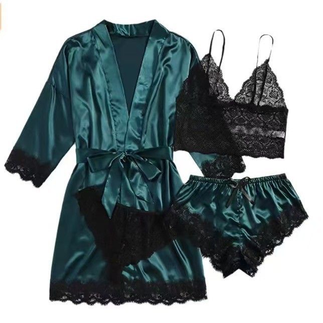 Neue europäische und amerikanische Damen-Pyjamas 4-teiliger Spitzen-Satin-Hosenträger-Pyjama Damen-Sommeranzug mit Nachthemd und Nachthemd Großhandel_voghion.com