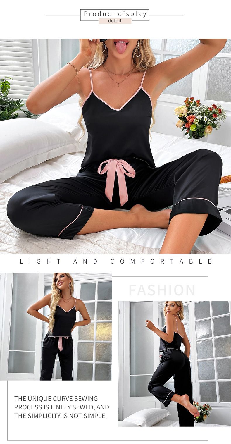 Sexy Pyjama Damesmode Nieuwe Mouwloze Bretels vrouwen Thuis Kleding Comfortabele Broek Gesimuleerde Zijden Nachtjapon Set_voghion.com