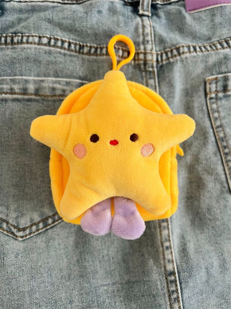 Bolsa de moedas de pelúcia quadrada com estrela de cinco pontas e pés, fone de ouvido redondo portátil, mini bolsa de estudante de desenho animado fofo_voghion.com