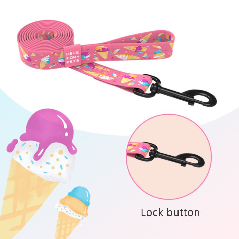 New Pink Pet Macaron Pattern Gold Textured Buckle Dog Collar Leash Set_voghion.com